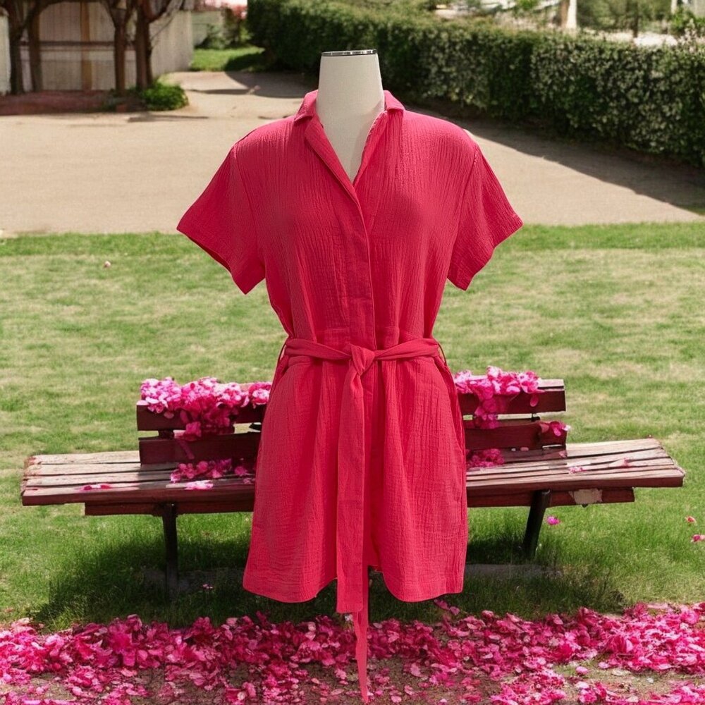 Gyal Bashy Organic Cotton Romper L Pink Belted Button Up‎ Short Sleeve Playsuit